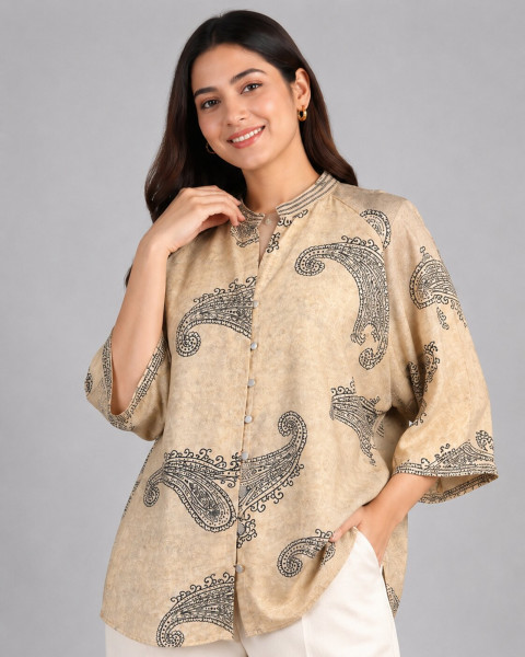 Beige Paisley Print Cotton Rayon Top – Elegant Resort & Casual Wear