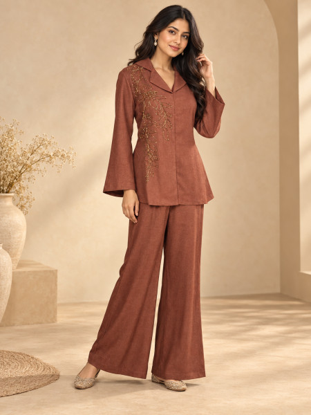 Chocolate Brown Embellished Co-Ord Set with Wide-Leg Palazzo