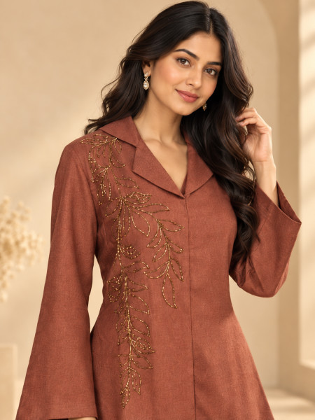 Chocolate Brown Embellished Co-Ord Set with Wide-Leg Palazzo