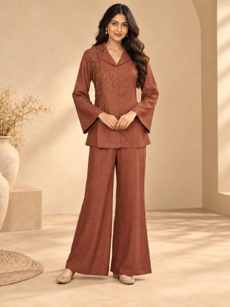 Image of Chocolate Brown Embellished Co-Ord Set with Wide-Leg Palazzo