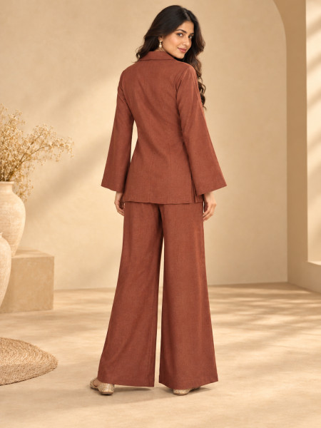 Chocolate Brown Embellished Co-Ord Set with Wide-Leg Palazzo