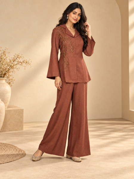 Chocolate Brown Embellished Co-Ord Set with Wide-Leg Palazzo