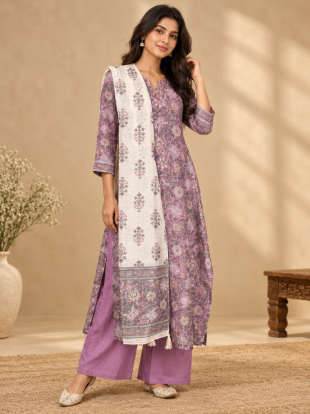 Mauve Pink Floral Printed Kurta Palazzo Set with Dupatta