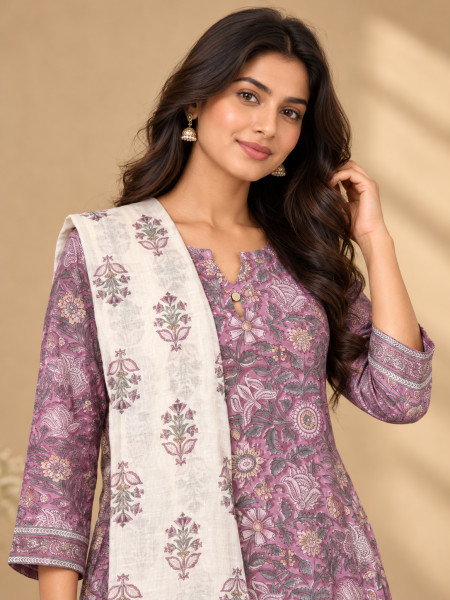 Mauve Pink Floral Printed Kurta Palazzo Set with Dupatta