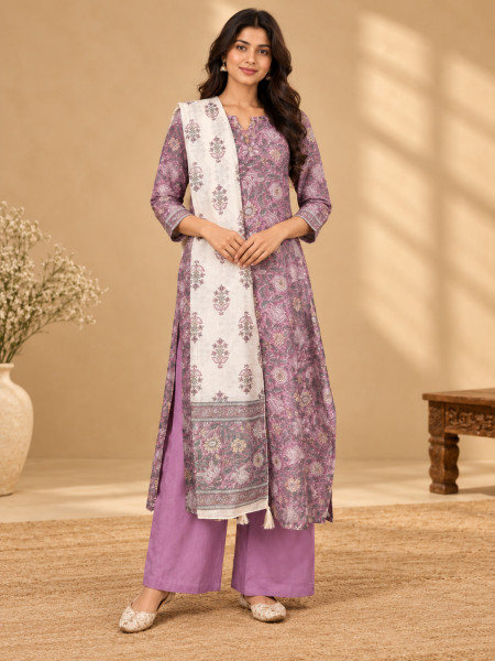 Image of Mauve Pink Floral Printed Kurta Palazzo Set with Dupatta