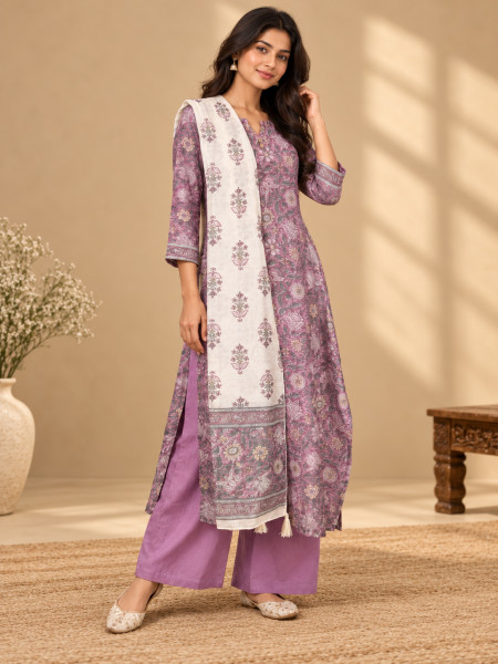 Mauve Pink Floral Printed Kurta Palazzo Set with Dupatta
