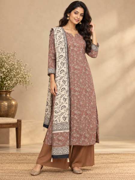 Terracotta Brown Floral Printed Kurta Palazzo Set with Contrasting Ivory Dupatta