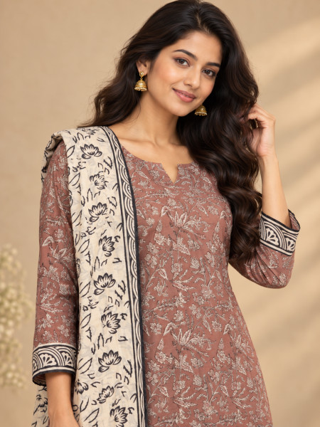 Terracotta Brown Floral Printed Kurta Palazzo Set with Contrasting Ivory Dupatta