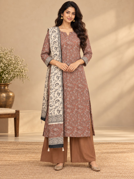 Image of Terracotta Brown Floral Printed Kurta Palazzo Set with Contrasting Ivory Dupatta