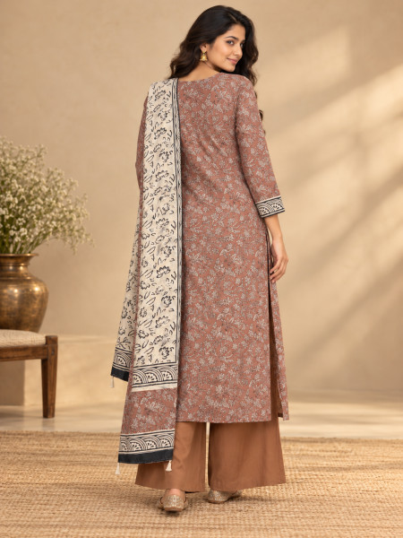 Terracotta Brown Floral Printed Kurta Palazzo Set with Contrasting Ivory Dupatta