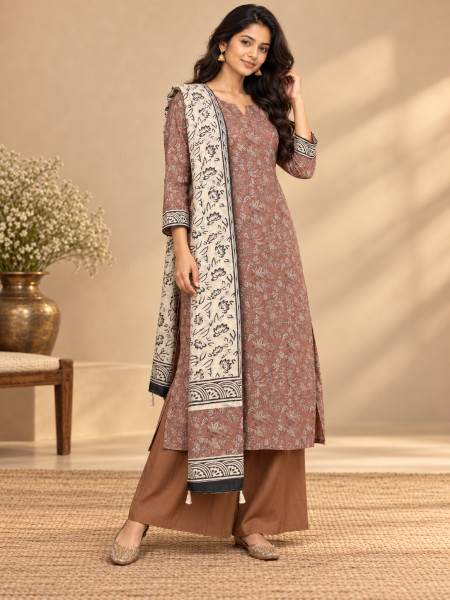 Terracotta Brown Floral Printed Kurta Palazzo Set with Contrasting Ivory Dupatta