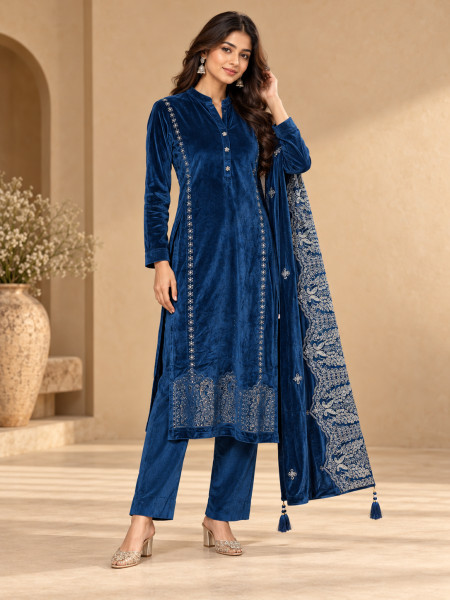 Image of Royal Blue Velvet-Style Silver Embellished Kurta Pant Set with Dupatta