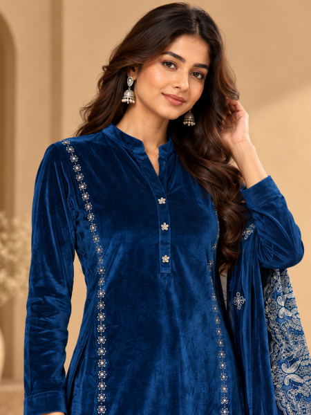 Royal Blue Velvet-Style Silver Embellished Kurta Pant Set with Dupatta