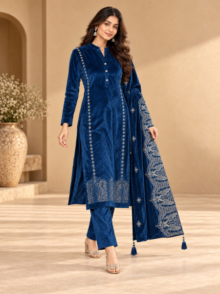 Royal Blue Velvet-Style Silver Embellished Kurta Pant Set with Dupatta
