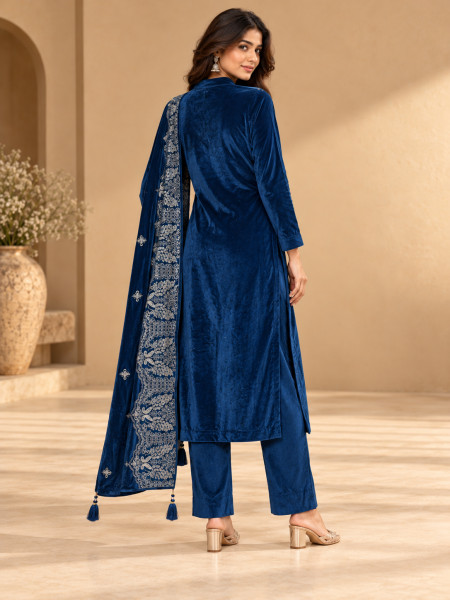 Royal Blue Velvet-Style Silver Embellished Kurta Pant Set with Dupatta