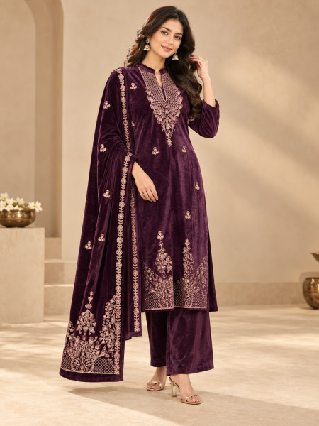 Image of Wine Purple Velvet-Style Embroidered Kurta Palazzo Set with Dupatta