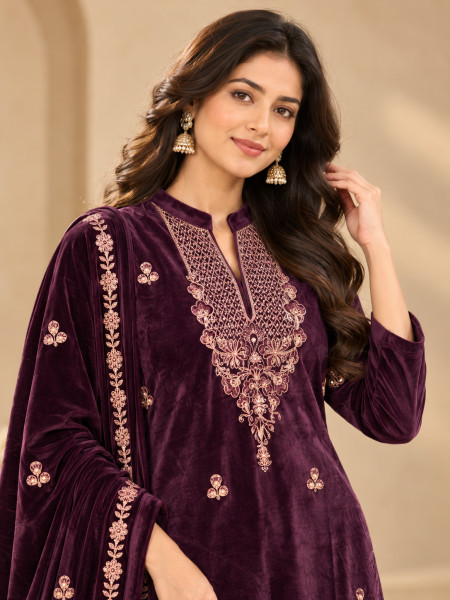 Wine Purple Velvet-Style Embroidered Kurta Palazzo Set with Dupatta