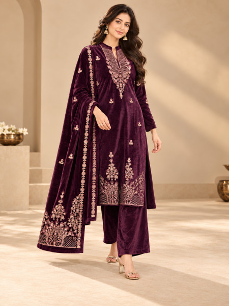Wine Purple Velvet-Style Embroidered Kurta Palazzo Set with Dupatta