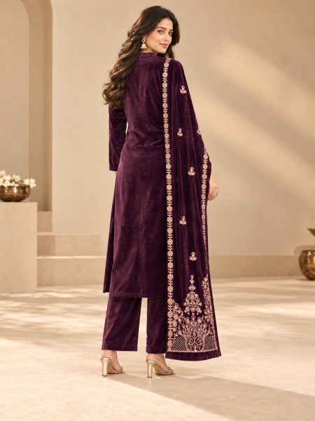 Wine Purple Velvet-Style Embroidered Kurta Palazzo Set with Dupatta