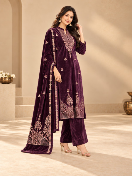 Wine Purple Velvet-Style Embroidered Kurta Palazzo Set with Dupatta