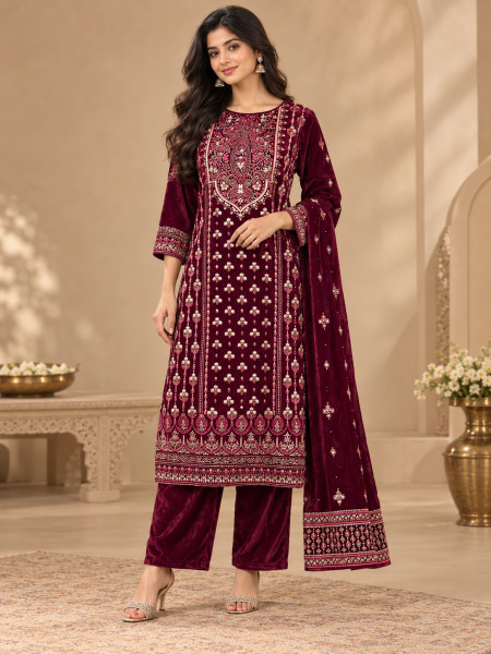 Image of Deep Maroon Velvet-Style Embroidered Kurta Pant Set with Dupatta