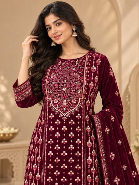 Deep Maroon Velvet-Style Embroidered Kurta Pant Set with Dupatta