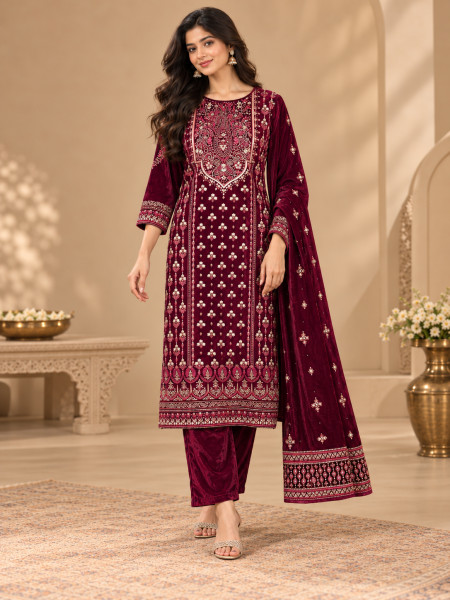 Deep Maroon Velvet-Style Embroidered Kurta Pant Set with Dupatta