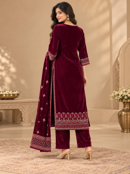 Deep Maroon Velvet-Style Embroidered Kurta Pant Set with Dupatta