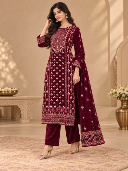 Deep Maroon Velvet-Style Embroidered Kurta Pant Set with Dupatta