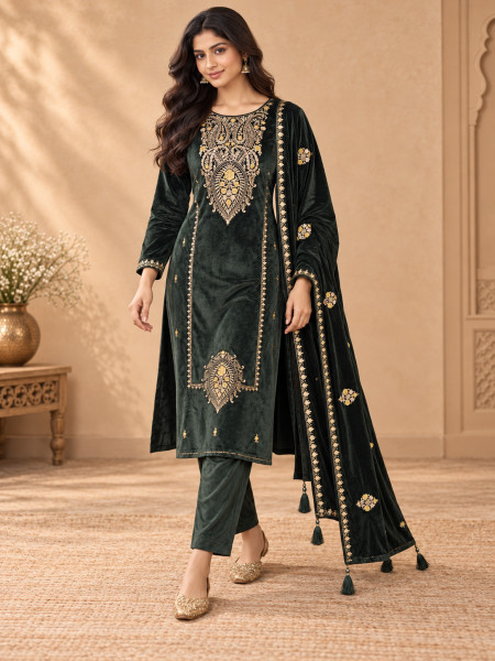 Dark Bottle Green Velvet-Style Embroidered Kurta Pant Set with Dupatta