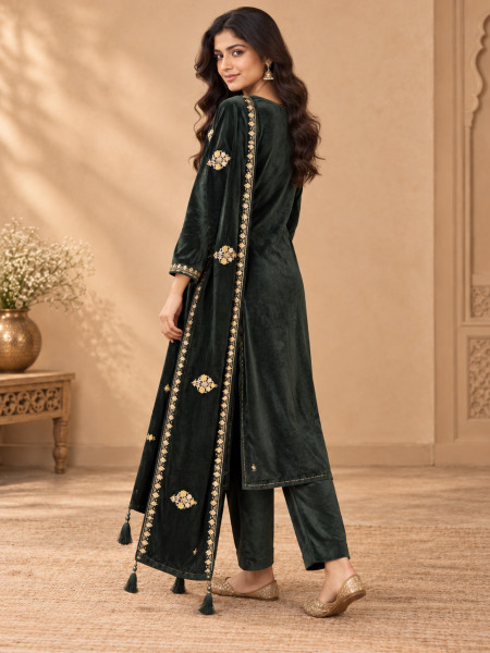 Dark Bottle Green Velvet-Style Embroidered Kurta Pant Set with Dupatta