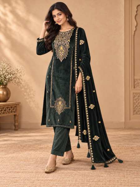 Dark Bottle Green Velvet-Style Embroidered Kurta Pant Set with Dupatta