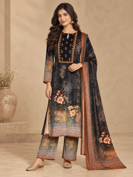 Image of Black &amp; Rust Orange Floral Printed Kurta Pant Set with Dupatta