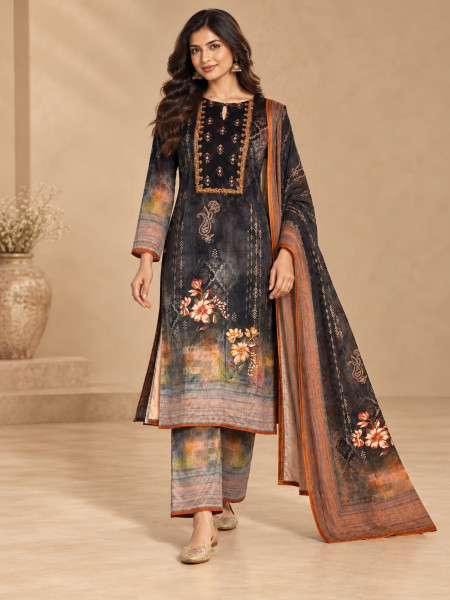 Black & Rust Orange Floral Printed Kurta Pant Set with Dupatta
