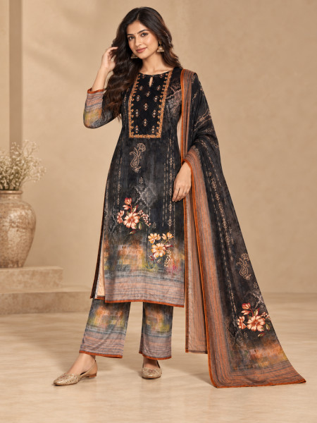 Black & Rust Orange Floral Printed Kurta Pant Set with Dupatta