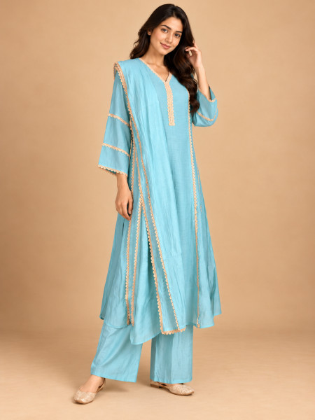 Image of Aqua Blue Lace-Embellished Kurta Palazzo Set with Dupatta