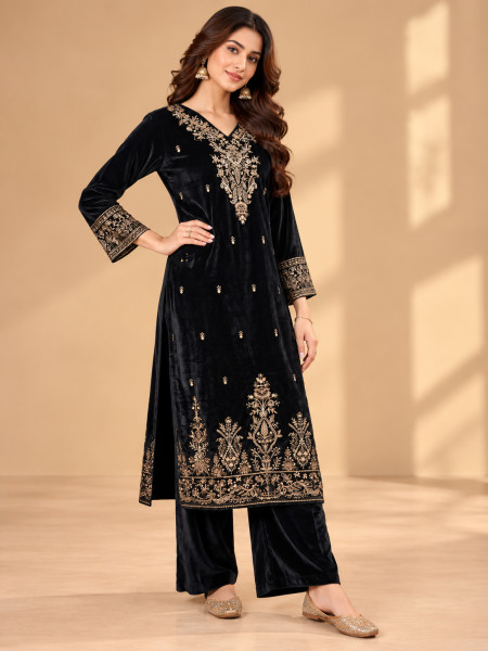 Black Velvet-Style Gold Embroidered Kurta Palazzo Set