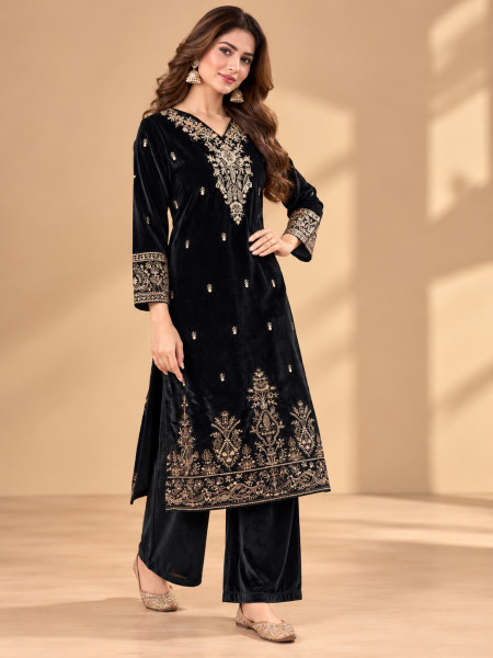 Image of Black Velvet-Style Gold Embroidered Kurta Palazzo Set