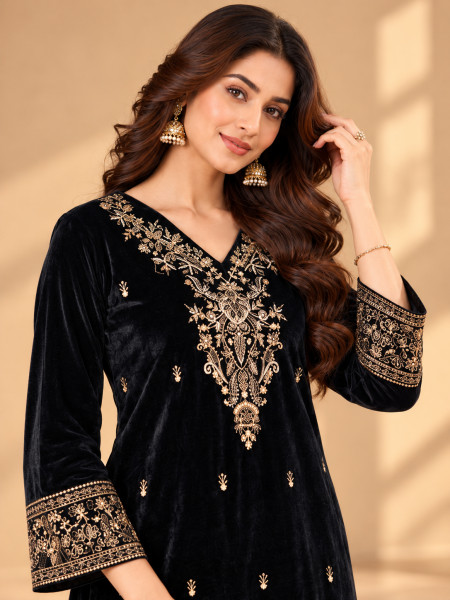 Black Velvet-Style Gold Embroidered Kurta Palazzo Set
