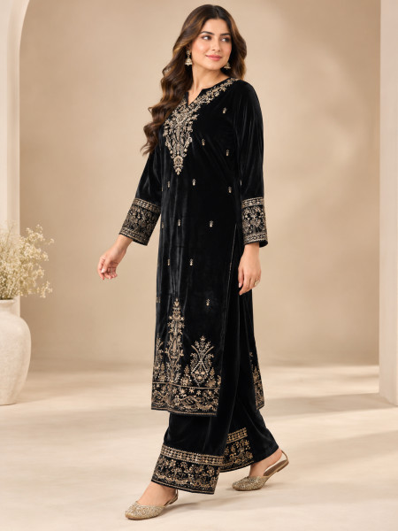 Black Velvet-Style Gold Embroidered Kurta Palazzo Set