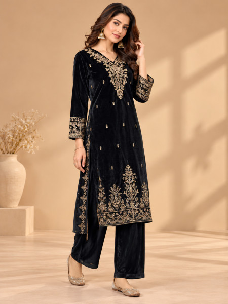 Black Velvet-Style Gold Embroidered Kurta Palazzo Set