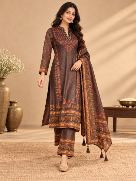 Image of Chocolate Brown &amp; Rust Orange Ethnic Printed Kurta Pant Set with Dupatta