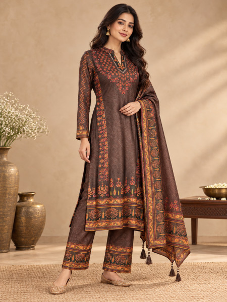 Chocolate Brown & Rust Orange Ethnic Printed Kurta Pant Set with Dupatta