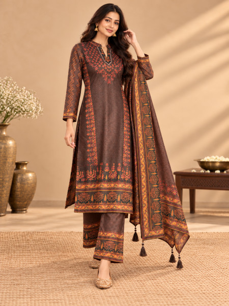 Chocolate Brown & Rust Orange Ethnic Printed Kurta Pant Set with Dupatta