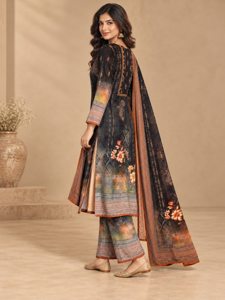 Black & Rust Orange Floral Printed Kurta Pant Set with Dupatta