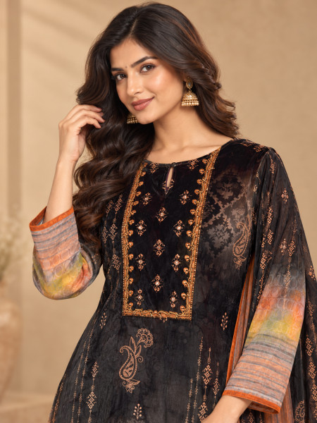 Black & Rust Orange Floral Printed Kurta Pant Set with Dupatta