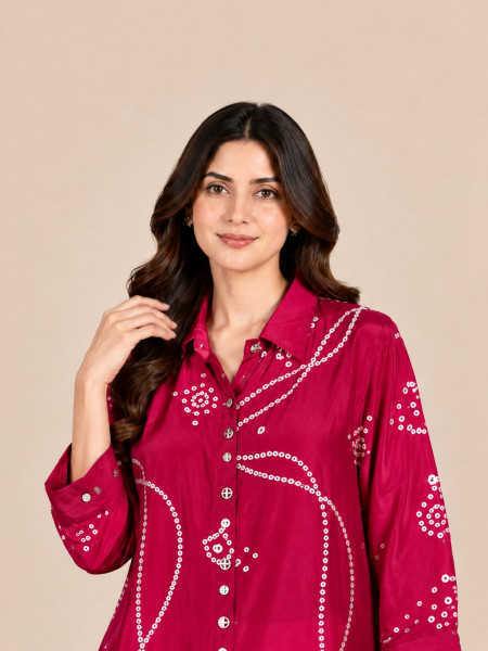 Women's Magenta Bandhani Print Mid-Length Shirt