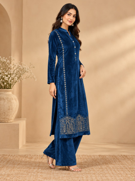 Royal Blue Velvet-Style Silver Embellished Kurta Pant Set with Dupatta