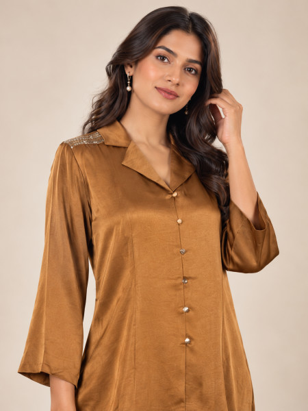 Image of Caramel Brown Satin-Style Co-Ord Set