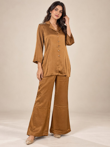 Caramel Brown Satin-Style Co-Ord Set
